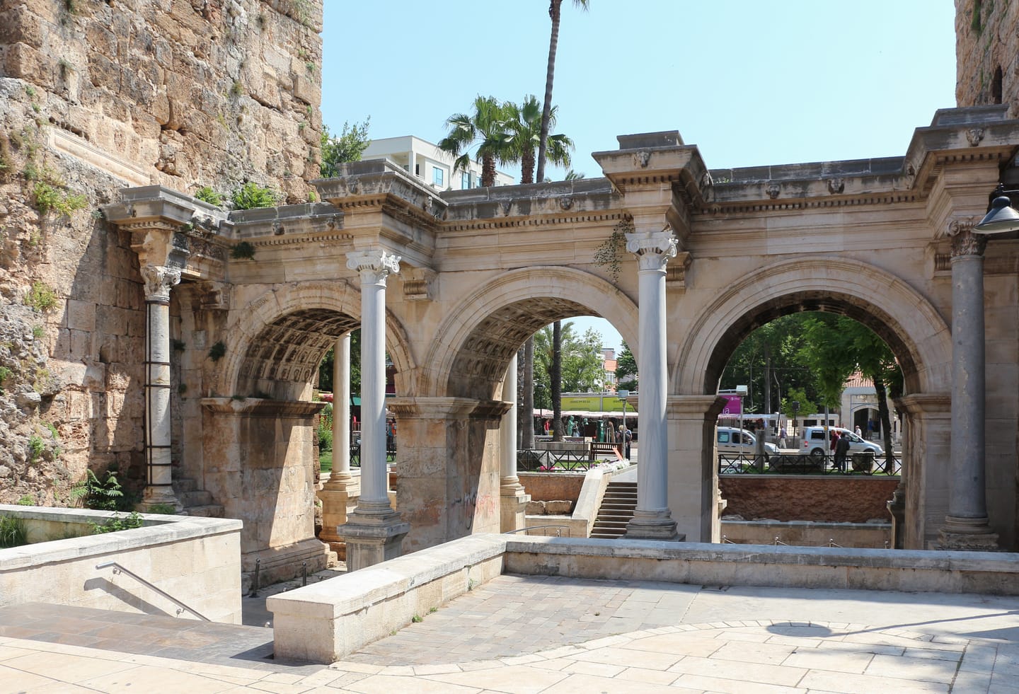 Hadrian's Gate, a Roman triumphal arch in the old town of Antalya, Türkiye
