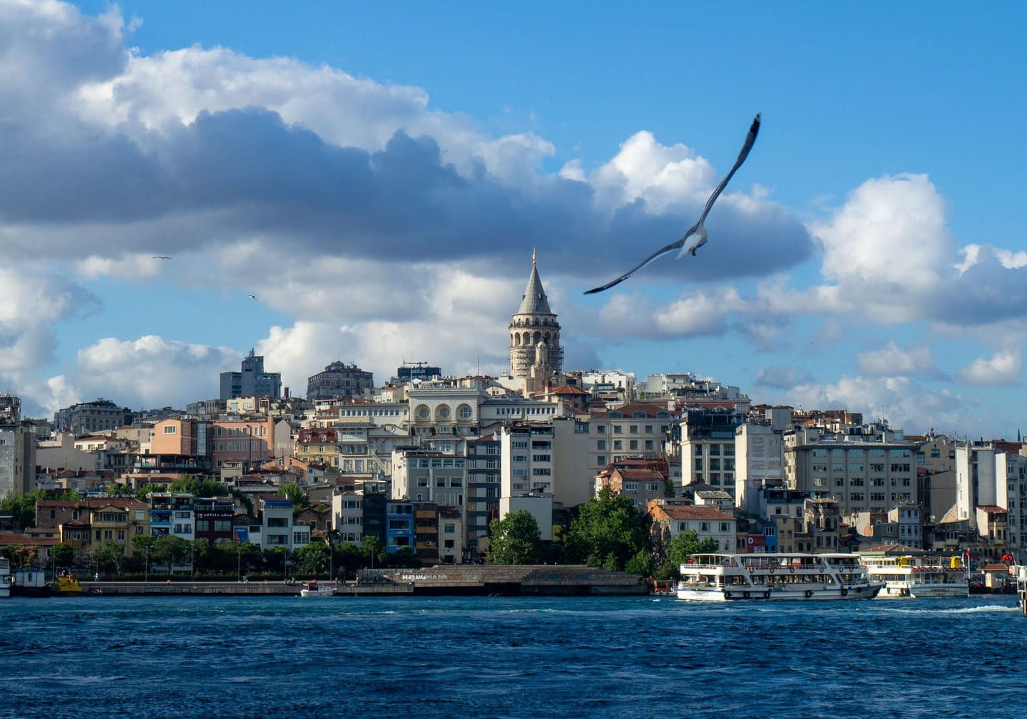 The Istanbul skyline across the water with mosques and apartment blocks