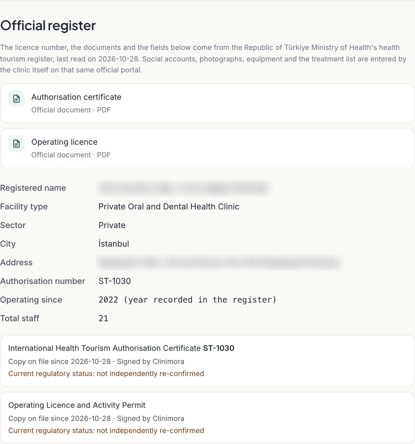 A register entry for a dental facility showing its official name, authorisation number, facility type, address, the doctors recorded against it and its website