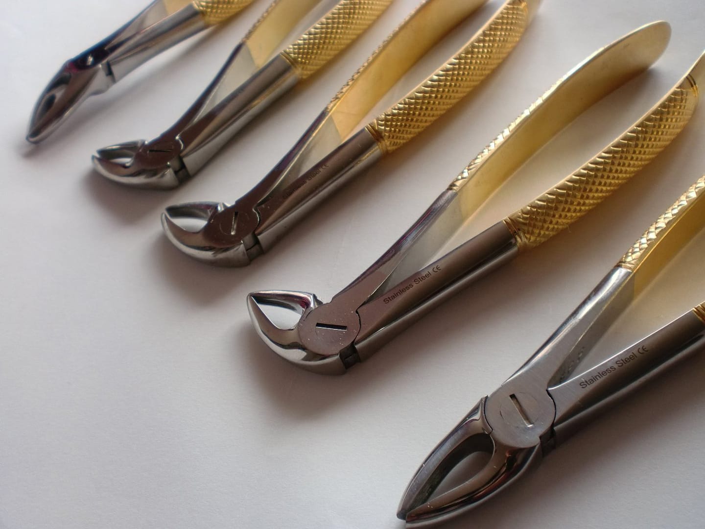 Dental extraction forceps with gold-coloured handles photographed on a light background